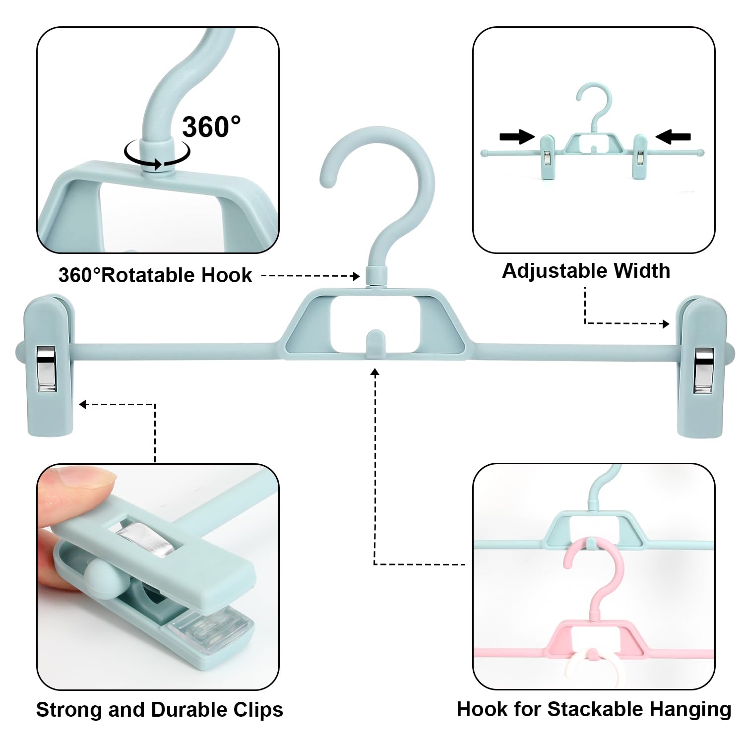 30 Pack Pant Hangers With Clips - Pozean Plastic Hangers Stackable Skirt Hangers, Clothes Hangers With 360Rotating & Adjustable